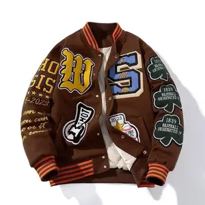 Embroidered varsity jacket for men and women, featuring lettering; winter American baseball jacket; hip-hop wool coat; thick, warm outerwear/parka; brown