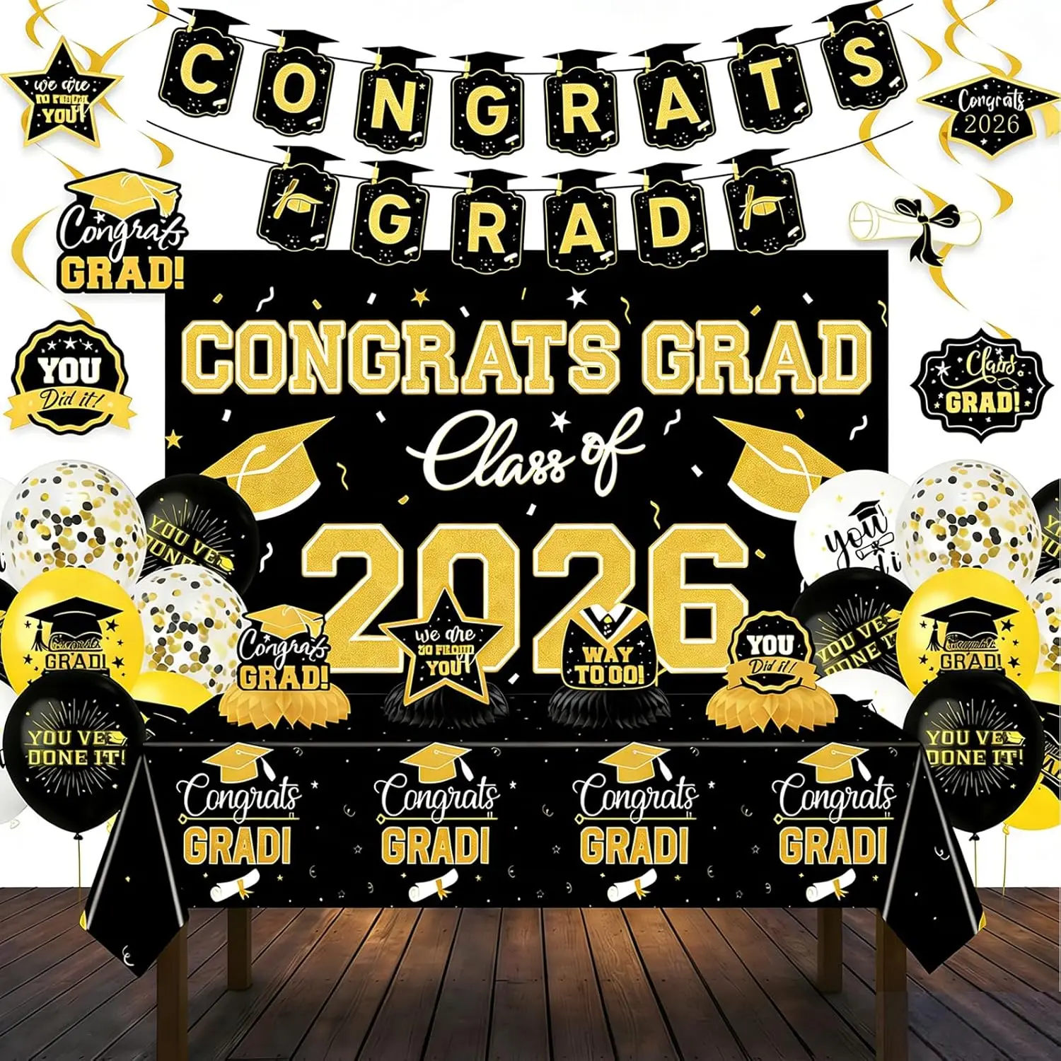 2026 Graduation Party Supplies Kit - Black and Gold Synthetic Decoration Set with Photo Backdrop, Banner, Tablecloth, Centerpieces, Balloons for High School Congrats Grad Celebrations, 2026 Graduation Decorations