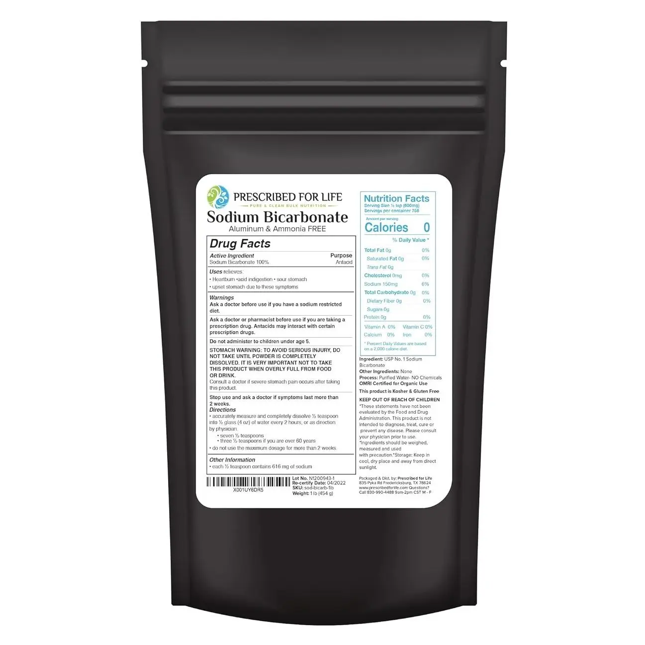Prescribed For Life, Natural Sodium Bicarbonate (Baking Soda) Powder, 1 Lb Pouch