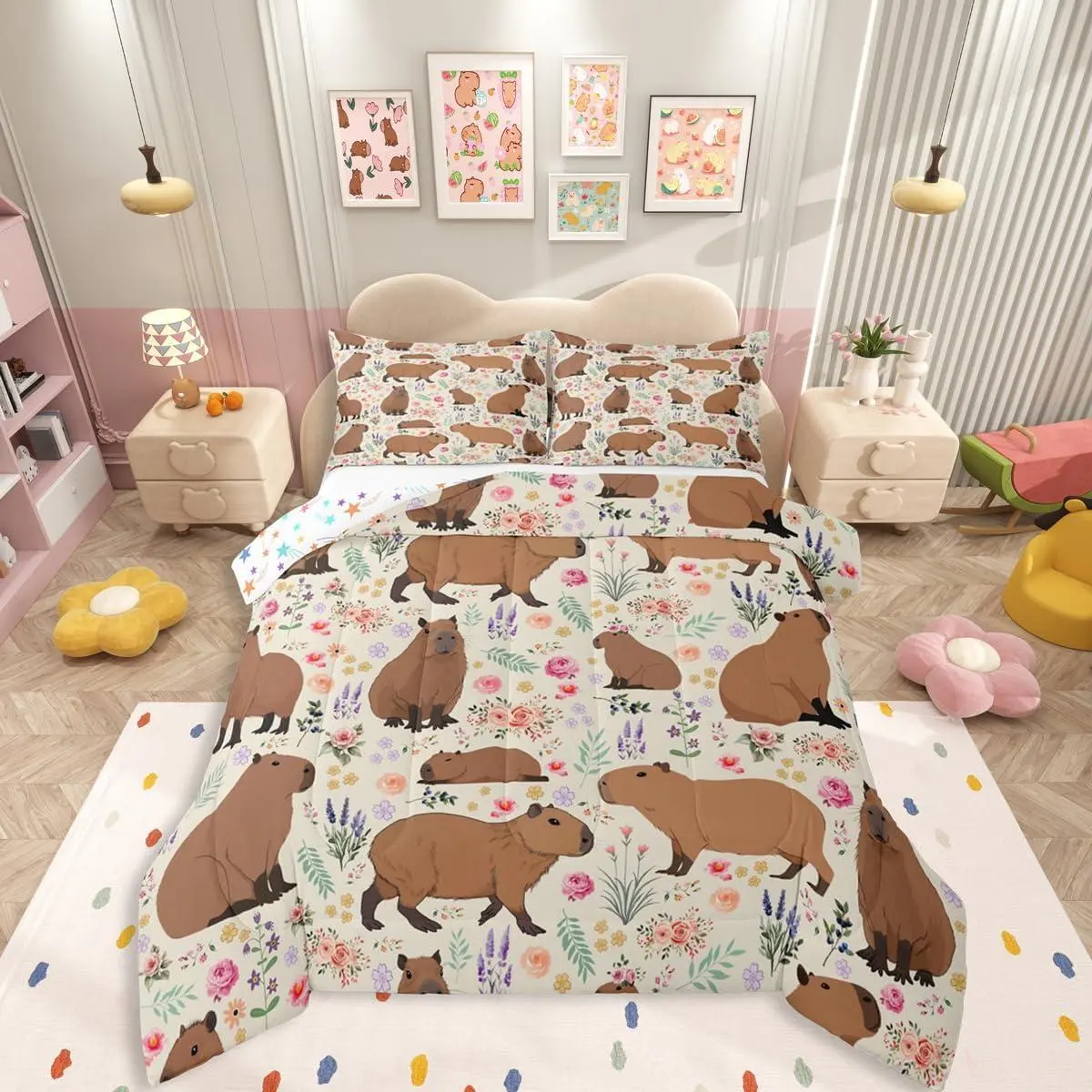 Capybara Bedding Set for Girls,Florals Surround The Capybara Comforter Set,Cute Rodent Animal Comforter for Kids Teens Women Adults Bedroom,Branches and Florals Duvet Insert