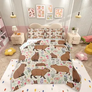 Capybara Bedding Set for Girls,Florals Surround The Capybara Comforter Set,Cute Rodent Animal Comforter for Kids Teens Women Adults Bedroom,Branches and Florals Duvet Insert