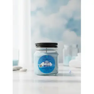 Blue Mist Baby-Blue Soy Candle 8 oz Mason Square Jar with Lemon Bergamot Orange Rose Cyclamen Carnation Fragrance for Calming Home Aroma