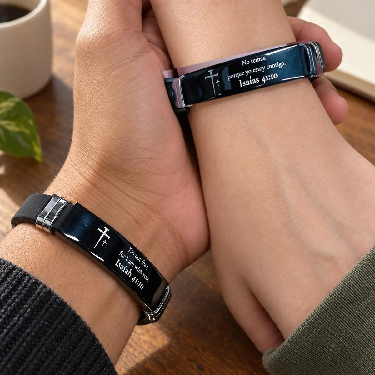 Adjustable Bible Verse Cross Bracelet, Black Silicone and Stainless Steel Inspirational Faith Wristband for Men and Women
