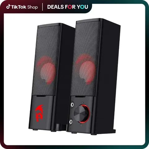 Redragon GS550 Bass Boosted 2.0 Stereo Wired Computer Speakers - USB-Powered Tabletop Sound System with Red LED Light, 3.5mm Cable, Volume Knob, Compact Audio for PC/Smartphone, Gaming Accessories, Desk Accessories, 2.0 Stereo for Rich Audio