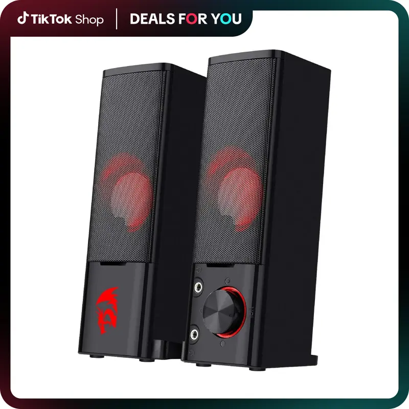 Redragon GS550 Bass Boosted 2.0 Stereo Wired Computer Speakers - USB-Powered Tabletop Sound System with Red LED Light, 3.5mm Cable, Volume Knob, Compact Audio for PC/Smartphone, Gaming Accessories, Desk Accessories, 2.0 Stereo for Rich Audio