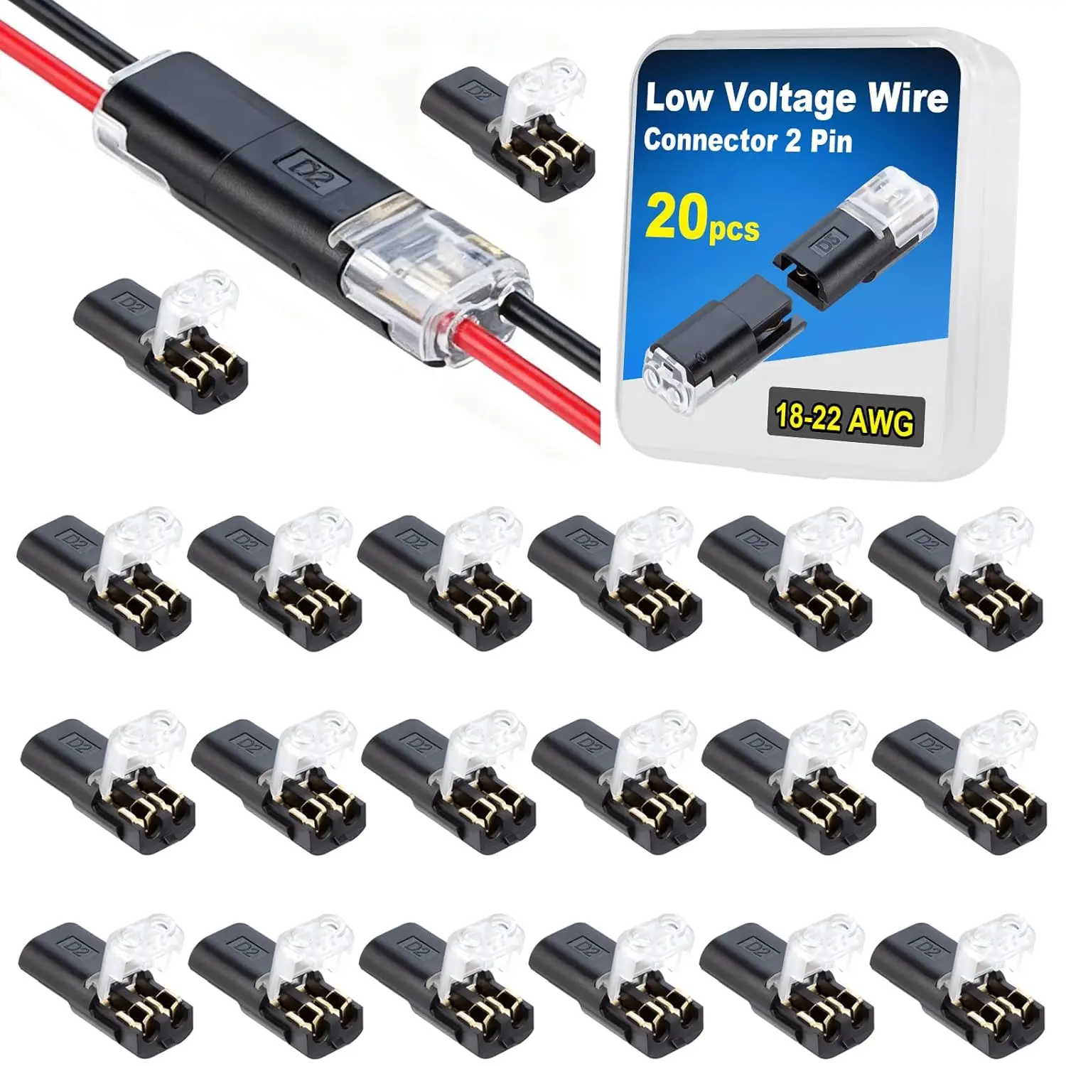 20PCS Polycarbonate Double Wire Lock-Grip Plastic Cable Connector - 2-Pin Lighting Accessory for LED Strip, Car Accessories, No Stripping/Cutting, Minimal Voltage Loss, Thermal Stability, Wear-Resistant, Video