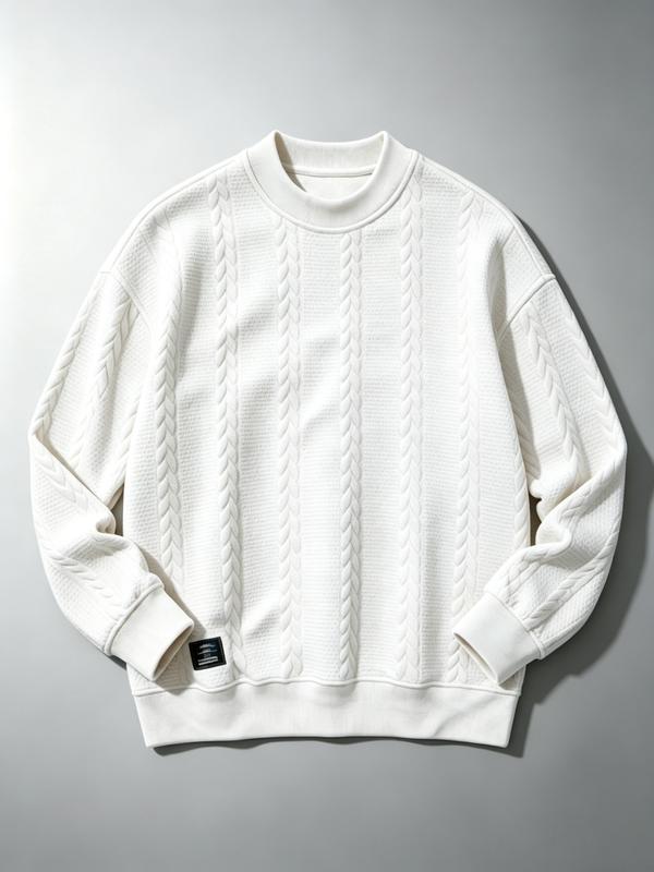 Men's Cable Knit Crew Neck Sweatshirt, Casual Long Sleeve Textured Pullover, Loose Fit Daily Wear Top For Autumn Winter