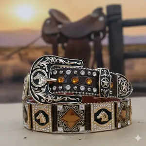 Horse Genuine Leather Rhinestone Belt for Women & Men - Western Style with Sparkling Crystal Studs size Large (for pant size 32-36)