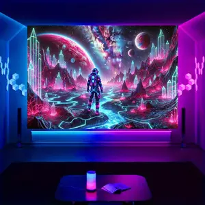 UV Reactive Astronaut on Moon Tapestry - Vibrant Cosmic Space Adventure Wall Art, Blacklight Glow-in-the-Dark Bedroom Decor, 85g Polyester, Horizontal Hanging Design, Youngsters Room Art Cosmic Wall, Best for Christmas