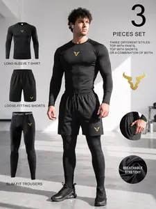 Men's 3-Piece Sports Training Set, Sports Activewear Set, Sportswear Set, Golden Bull Head Print, T-Shirt + Compression Pants + Outer Shorts, Soft, Breathable & High Stretch Design, Outdoor & All-Season Workout
