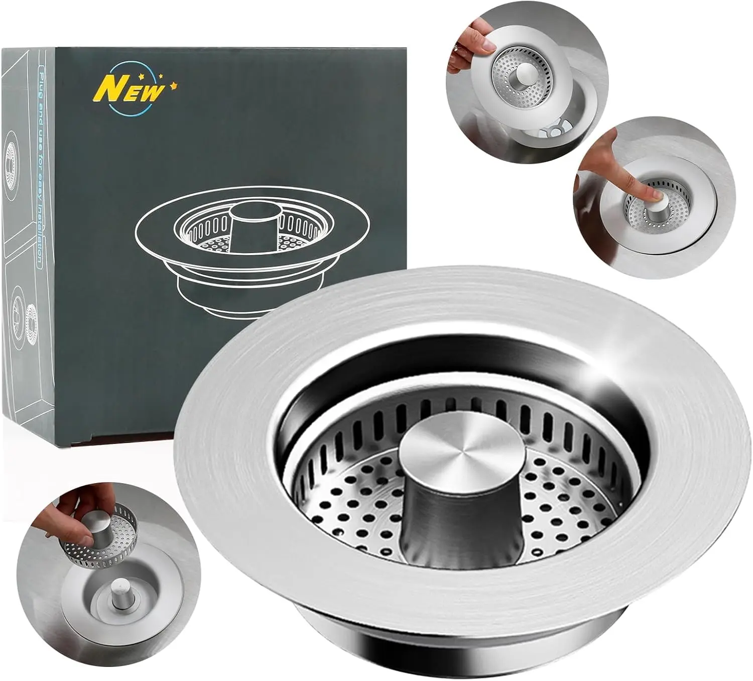 Stainless Steel 3-in-1 Pop-up Kitchen Sink Strainer Stopper with Sealing Ring, Anti-Clog Odor-Proof Filter, Fits 3.5" Sink Drain Holes, Easy Installation