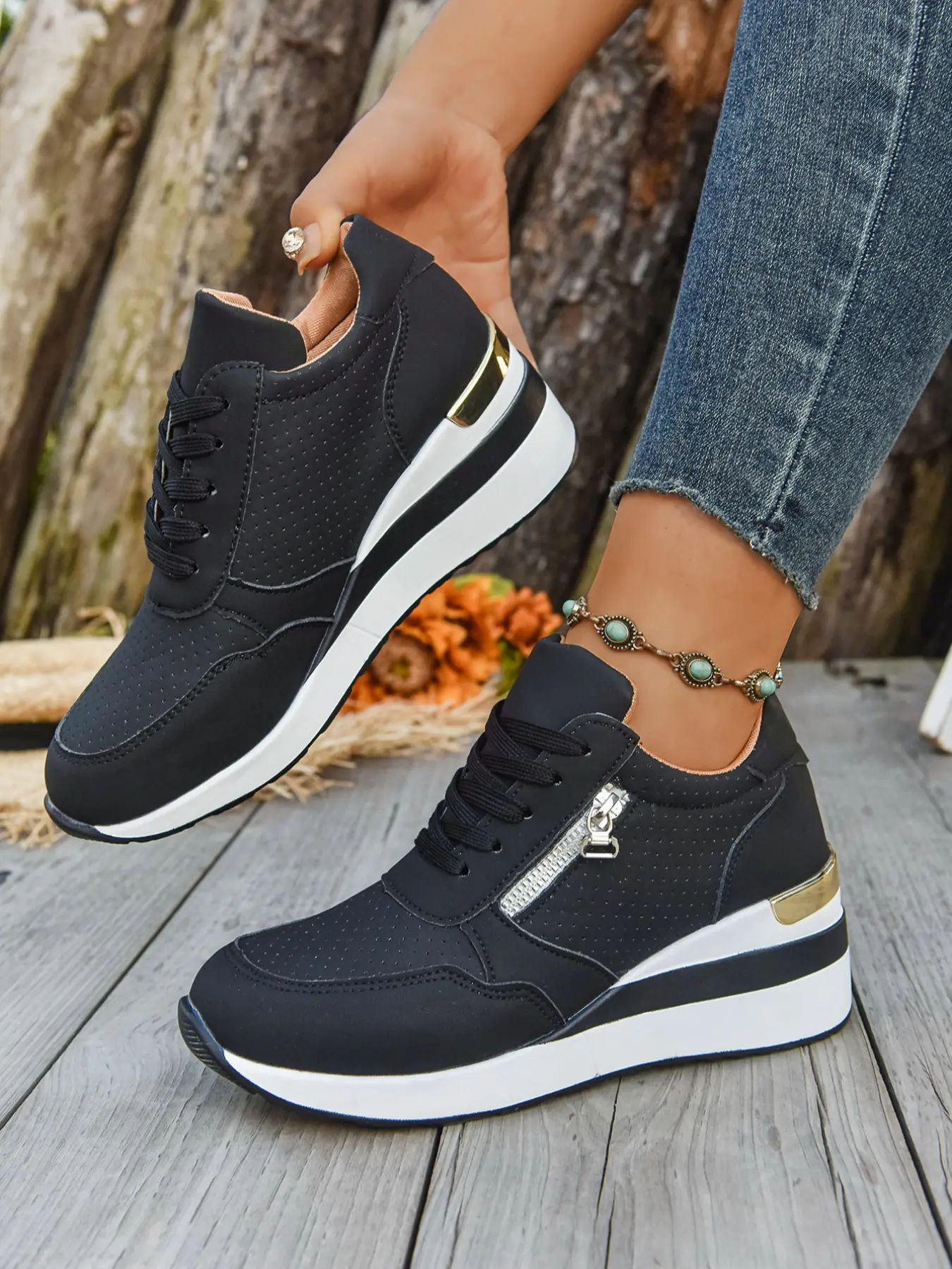 Women's Thick Sole Sports Shoes, Lace-Up Side Zipper Design, Fashion Casual Style, Comfortable Breathable, Suitable for Outdoor Fitness Tennis, Outdoor Sports Sneakers, Fashion Walking Sneakers, Sporty Low Top, Thick Soled Sneakers