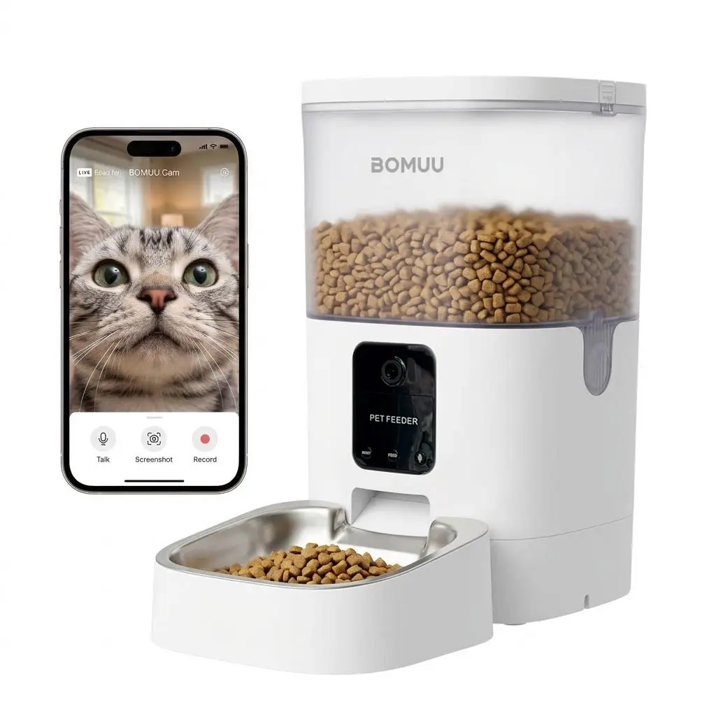 BOMUU 4L Automatic Cat Feeder Single Unit (1 Pack) - ABS Plastic, HD 1080P Privacy-Protected Camera, App & Remote Control, On-Demand Food Dispensing, Ample Storage, 304 Stainless Steel Bowl/Dish