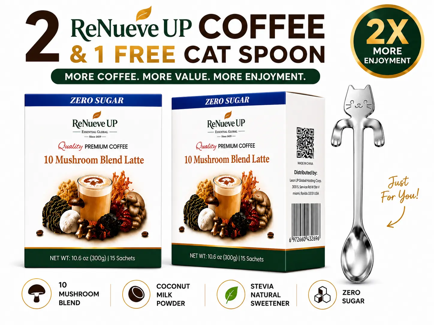 ReNuevo UP 10 Mushroom Blend Latte Mix, 2-Pack with 30 Sachets + Coffee Spoon, Premium Instant Mushroom Coffee, 0 Sugar, Infused with Reishi, Lion's Mane, Cordyceps & Chaga