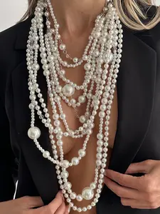 Bohemian Multi-Layer Faux Pearl Fashion Women's Necklace, Elegant Vintage Exaggerated Daily Festival Party Jewelry Gift, Dangling Pearl Necklace