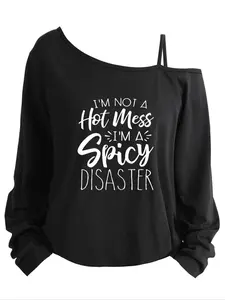 Plus Size Women's Loose-Fit Long Sleeve Cami Top, Asymmetrical Neckline, Letter Print, All Seasons, Sizes 1-8xl