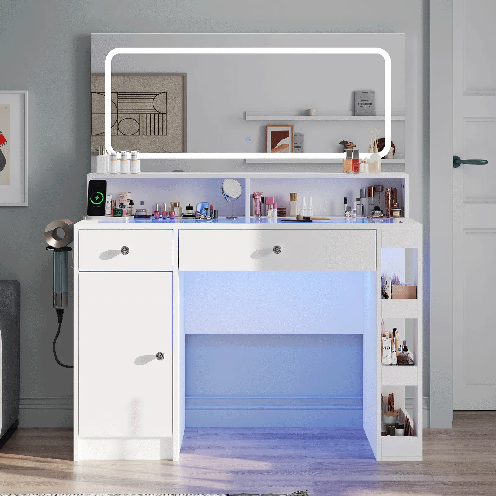 Modern Wood Freestanding Makeup Vanity Table with Adjustable Lights, Mirror, Storage Cabinet, Charging Station, Organizer, Side Rack & Stool - Bedroom Indoor Furniture, Requires Assembly