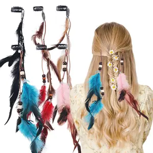 A Set of 6 Pcs Feather Hair Clips,Handmade Boho Hair Extensions with Clip Comb,Tribal Headdress With Braided Beads for Women,Girls,Ladies,Christmas Party Gifts,Hand Tools Kits