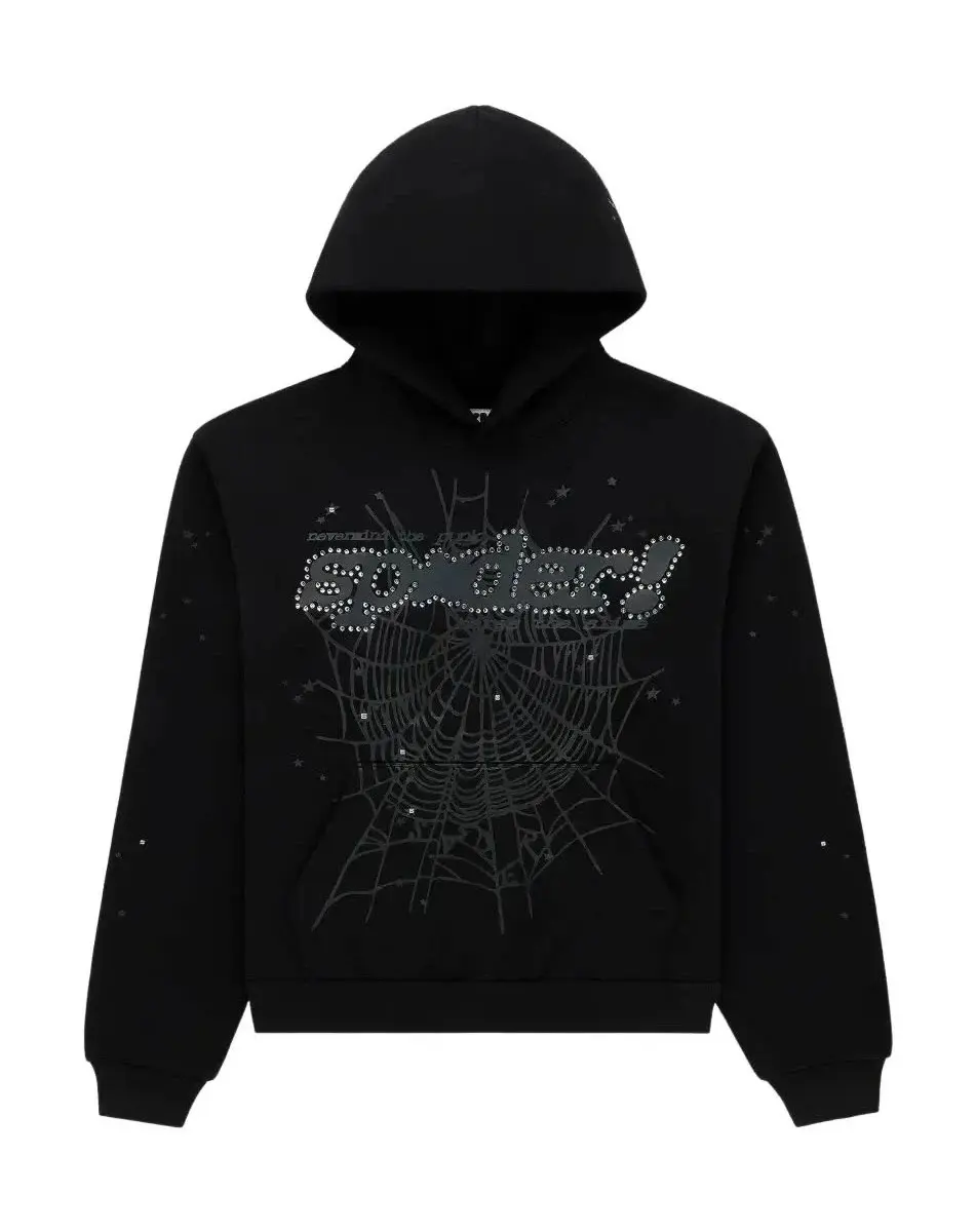 Sp5der Rhinestone Punk V2 Hoodie, Men’s Graphic Pullover Hoodie, Y2K Streetwear Sweatshirt, Trendy Urban Fashion