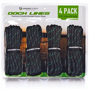 Gradient Fitness Dock Lines for Boat (4 Pack) | 3/8 Inch x 15 Feet Double Braided Nylon Marine-Grade Rope | Breaking Strength up to 6,500 Pounds | Includes Velcro Storage Straps | Black and Green