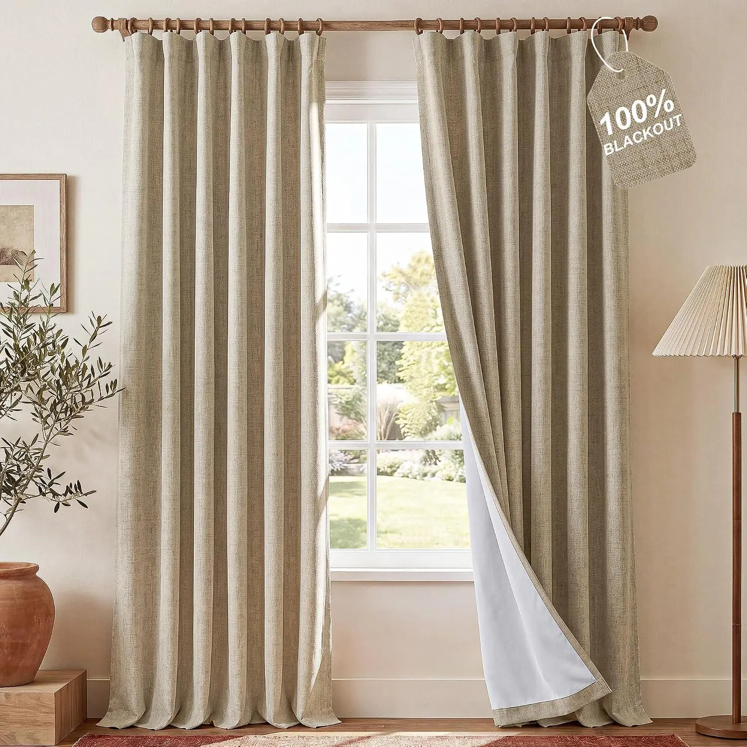 NICETOWN Farmhouse Linen Textured 3-in-1 Header Thermal Drapes Room Darkening Window Treatments for Bedroom 2 Panels