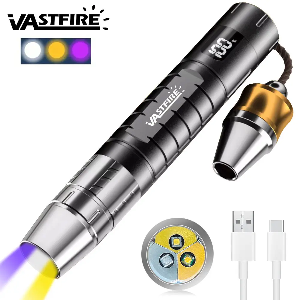 VASTFIRE 365nm Powerful Rechargeable UV Lamp Torch - 3-in-1 White/Yellow/Purple Light Source, 18650 Battery with Power Display, Type-C Charging, 10mm UV Light Spotlight Head for Jewelry Authentication, Uv Lamp Torches