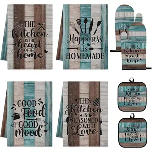 8 Pcs Teal Farmhouse Kitchen Decor Set Rustic Wood Grain Heat Resistant Oven Mitts Pot Holders Dish Towels Set Inspirational Accessories for Home Cooking Baking Decor Gift