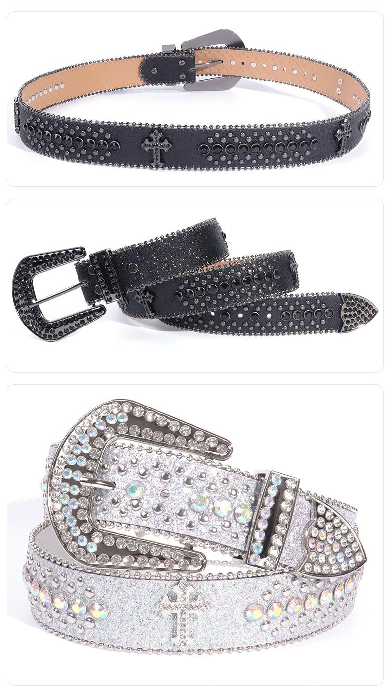 Unisex Crocodile Pattern Belt with Rhinestone Decorative Buckle Cross Pendant New Street Fashion Denim Belt Adjustable for Most Waist Sizes