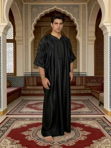 Muslim Men's Thobe Moroccan Style Ethnic Embroidered Islamic Clothing, Traditional Arabic Robe, All Seasons Wear, Festival Party Ramadan Gift, Loose-Fitting