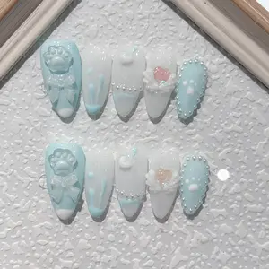 Y70 Nail Treatments Sweet Cool Wind Blue Cute Bow Cat Claw Wear Nail Finished Patch Handmade Reusable Acrylic Nails Stylish Fashionable