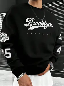 Men's Long Sleeve Thickened Pullover Sweatshirt, Brooklyn Letter Print, Versatile Cool, Classic Casual Streetwear Fashion