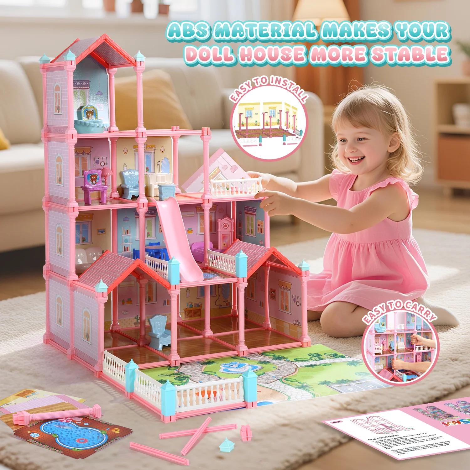 Play Dollhouse with Doll Toy Figures, 14 Rooms Furniture and Colorful Lights, Creative Doll House Gift for Girls Ages 3+, Assemble Required, Pink Play Dollhouse with Doll Toy Figures, 14 Rooms Furniture and Colorful Lights, Creative Doll House Gift for Girls Ages 3+, Assemble Required, Pink