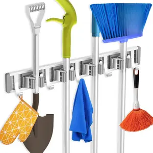 Adjustable Broom Holder Wall Mount, Mop Storage Tool Racks, Broom Hanger Tool Organizer for Garage, Kitchen, Garden, Laundry Room, 4 Racks 5 Hooks Silver