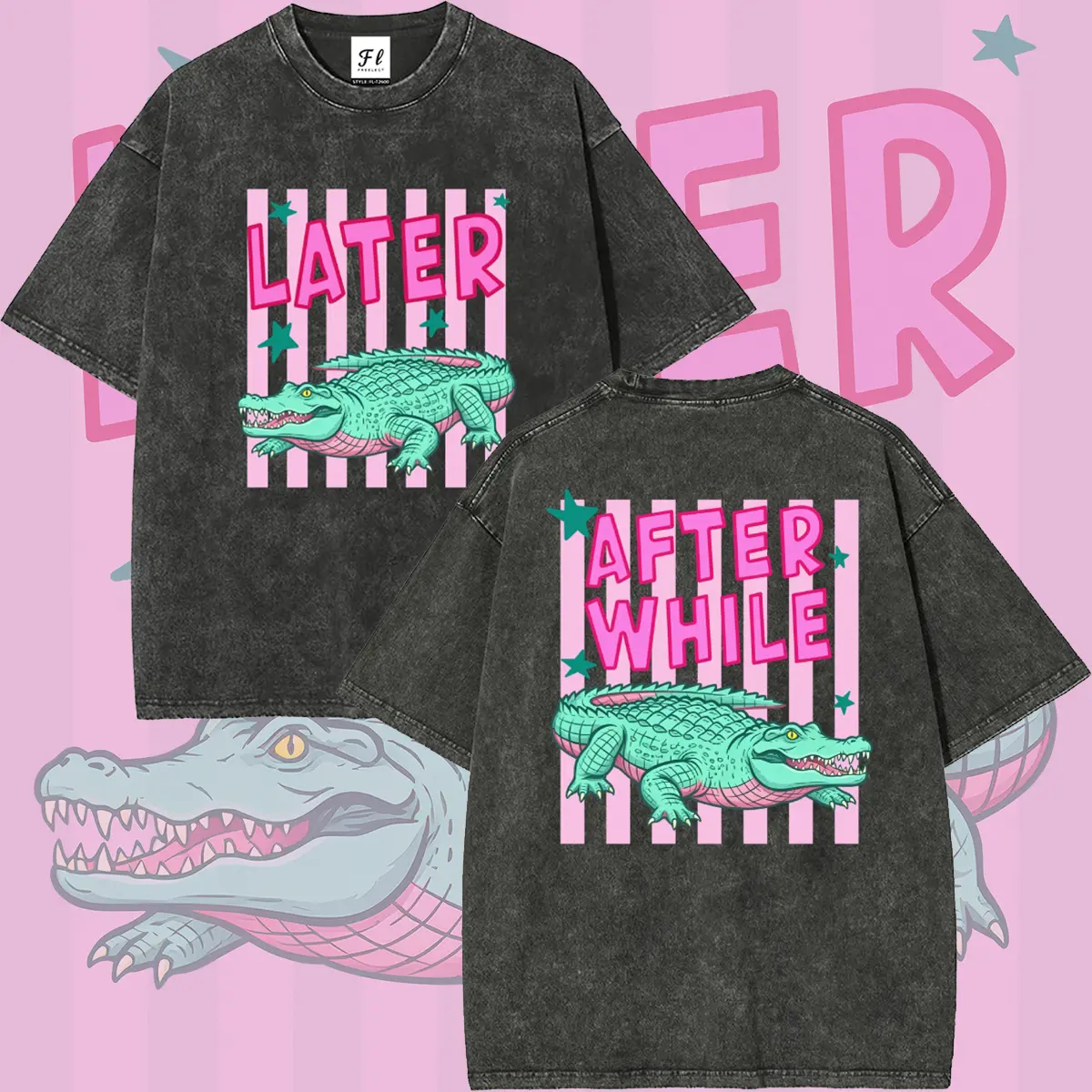 Retro Colorblock Short Sleeve T-Shirt, Unisex Loose-Fitting Washed Cotton Top with Alligator Print and Slight Stretch