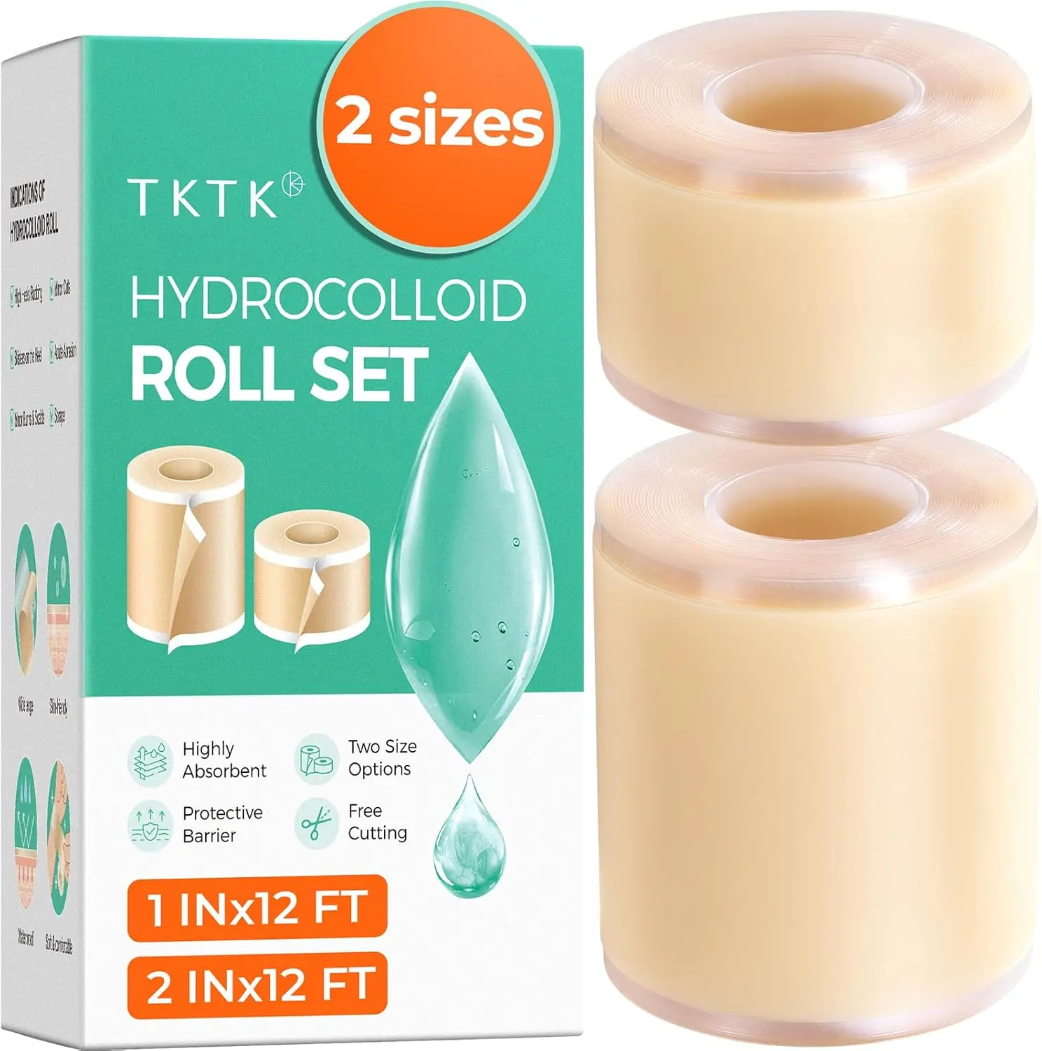 TKTK 2-Size Hydrocolloid Roll, (2in*12ft + 1in*12ft) Hydrocolloid Bandages, Hydrocolloid Patch for Acne, Wound, Burn, Blister Care, Pimple Patches with Easy-Peel Backing, Waterproof & Ultra Absorbent  #Summervibes  SummerFinds