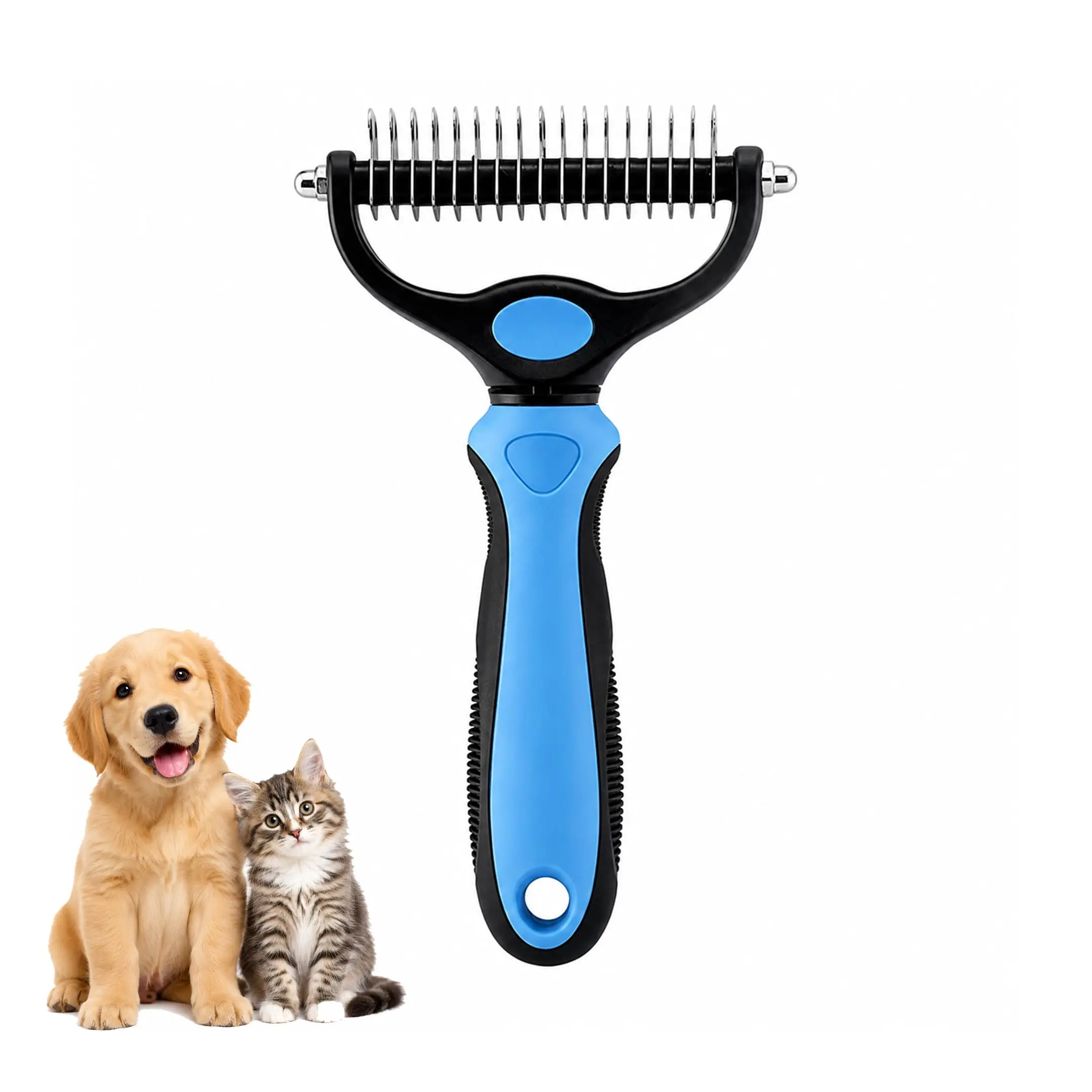 Sinko shedding brush for dogs and cats—grooming brush with extra-wide double-sided stainless steel teeth for detangling, deshedding, brushing, and removing shed fur, knots, mats, and tangles in pets
