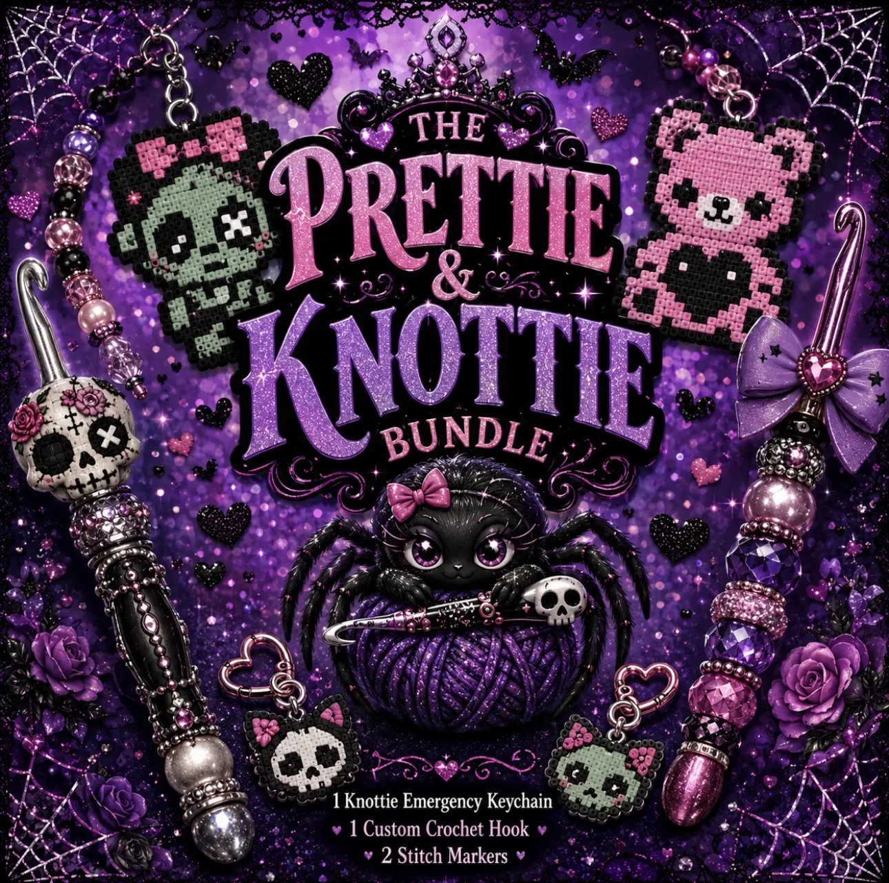 The Prettie & Knottie Bundle - Crochet Survival Kit: 1 Knottie Emergency Keychain, 1 Custom Crochet Hook, 2 Stitch Markers (Your Choice)