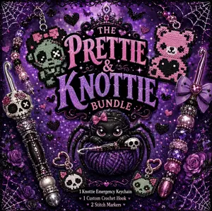 The Prettie & Knottie Bundle - Crochet Survival Kit: 1 Knottie Emergency Keychain, 1 Custom Crochet Hook, 2 Stitch Markers (Your Choice)