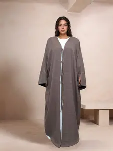 Women's Solid Color Tie Front Split Sleeve Abaya, Casual Long Sleeve V Neck Open Front Abaya for Daily Wear, Ladies Islamic Clothing for All Seasons