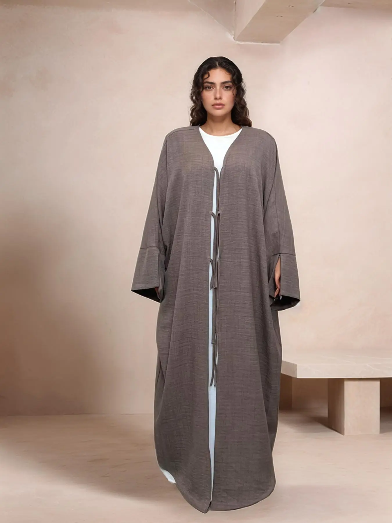 Women's Solid Color Tie Front Split Sleeve Abaya, Casual Long Sleeve V Neck Abaya for Daily Wear, Ladies Islamic Clothing for All Seasons