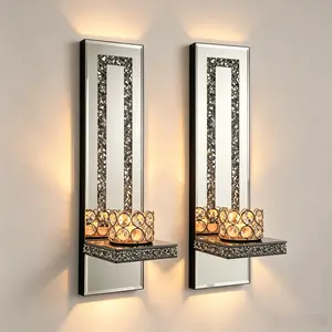 2 Shiny Mirrored Silver Glass Candle Sconces - Diamond-Shape Beveled Edging Candelabra Wall Lamps, Easy-Install MDF Casual Art Deco Decoration, Rectangle Hanging Holder for Living Room, Bedroom Room Decor