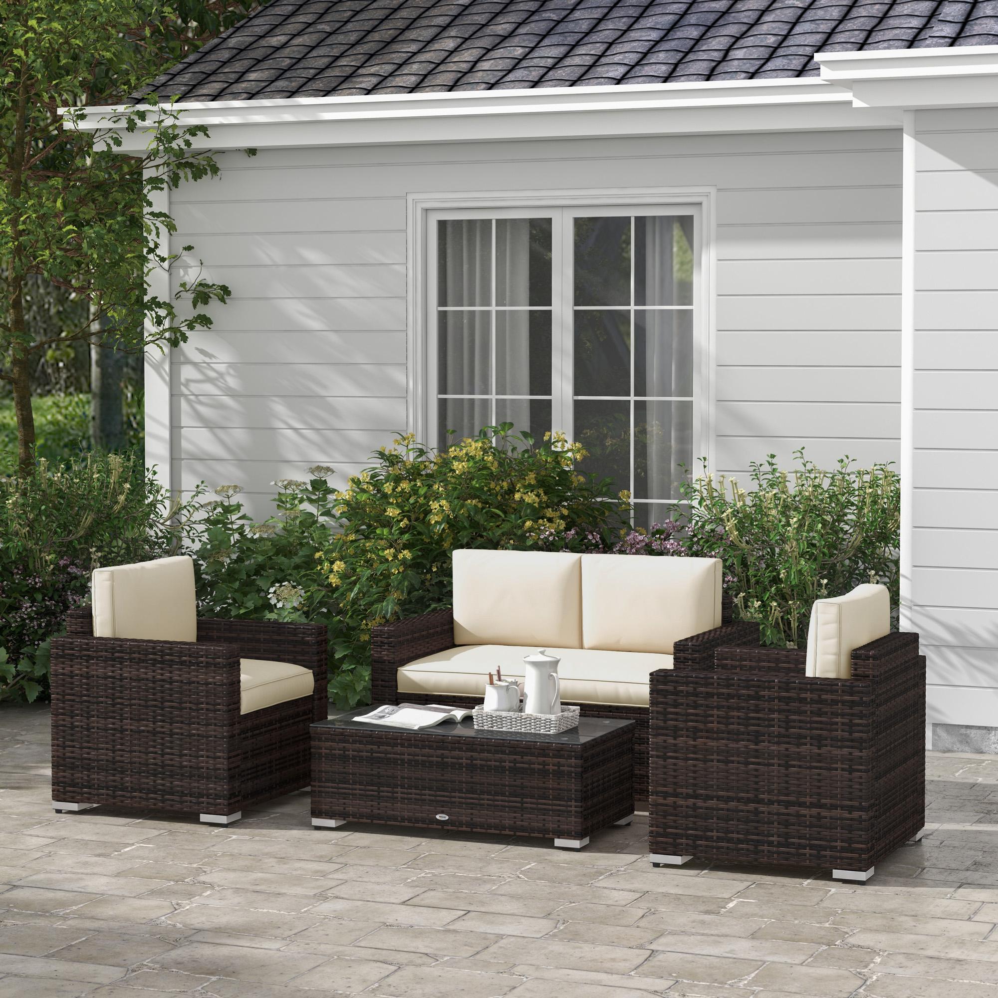 Outsunny 4-Piece Rattan Summervibes Wicker Furniture Set, Outdoor Cushioned Conversation Furniture with 2 Chairs, Loveseat, and Glass Coffee Table