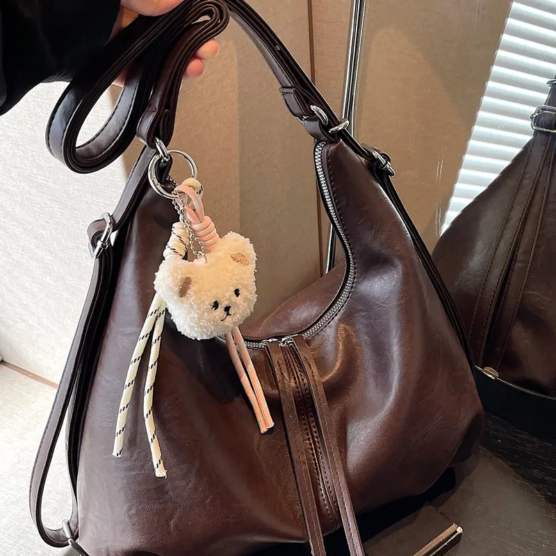 Retro Texture Dark Brown Crescent-Shaped Shoulder Handbag, Cute Bear Pendant Bag, Niche Design, Simple Classic Handbag, Fashionable Hobo Bag, Crossbody Shoulder Purse, Casual Shoulder Purse, Suitable for Students, Shopping, Etc