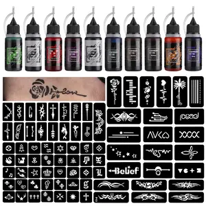 Temporary Tattoo Kit - 10 Bottles of Color Inks & 84 Stencils for Body Paint DIY Tattoos - Waterproof, Ideal for Women & Kids - Makeup