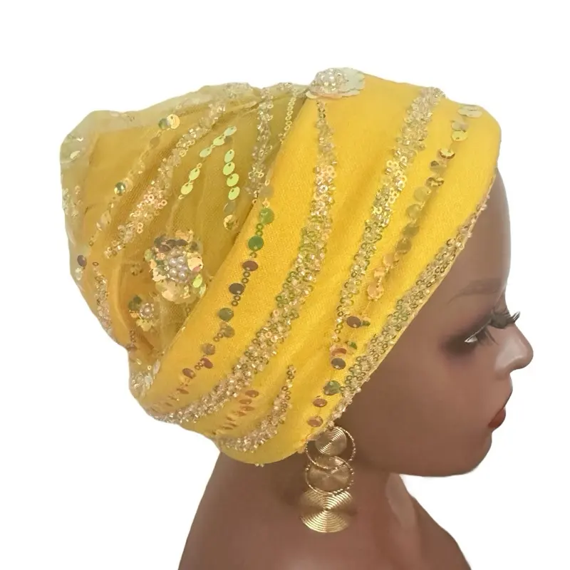Pre Tied Turban Cap for Stylish Women with Sequins - Yellow Muslim Turban for Alopecia & Chemotherapy - Elegant Headwear for Women