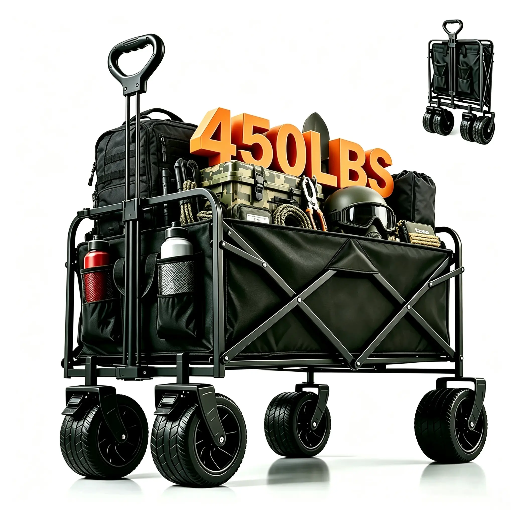 Tactical Collapsible Wagon Cart, 450lbs Heavy Duty All-Terrain Utility Wagon with Adjustable Pull Handle, Foldable Tactical Outdoor Wagon for Camping, Fishing, Sports Outdoor Adventures