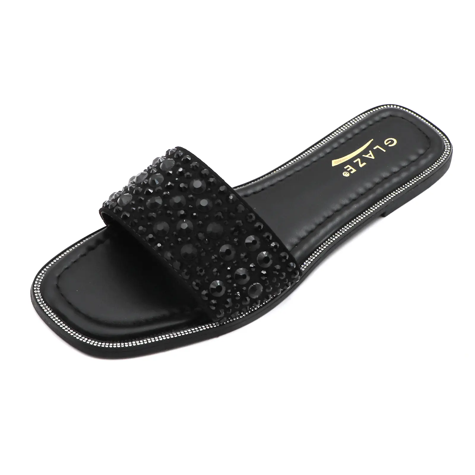Women’s Elegant Fashion Open Toe Sandals - Chic Rhinestone-Embellished Square Toe Flat Slides, Comfy Slip-On Footwear for Party, Casual Summer Use, Shoe, Pu