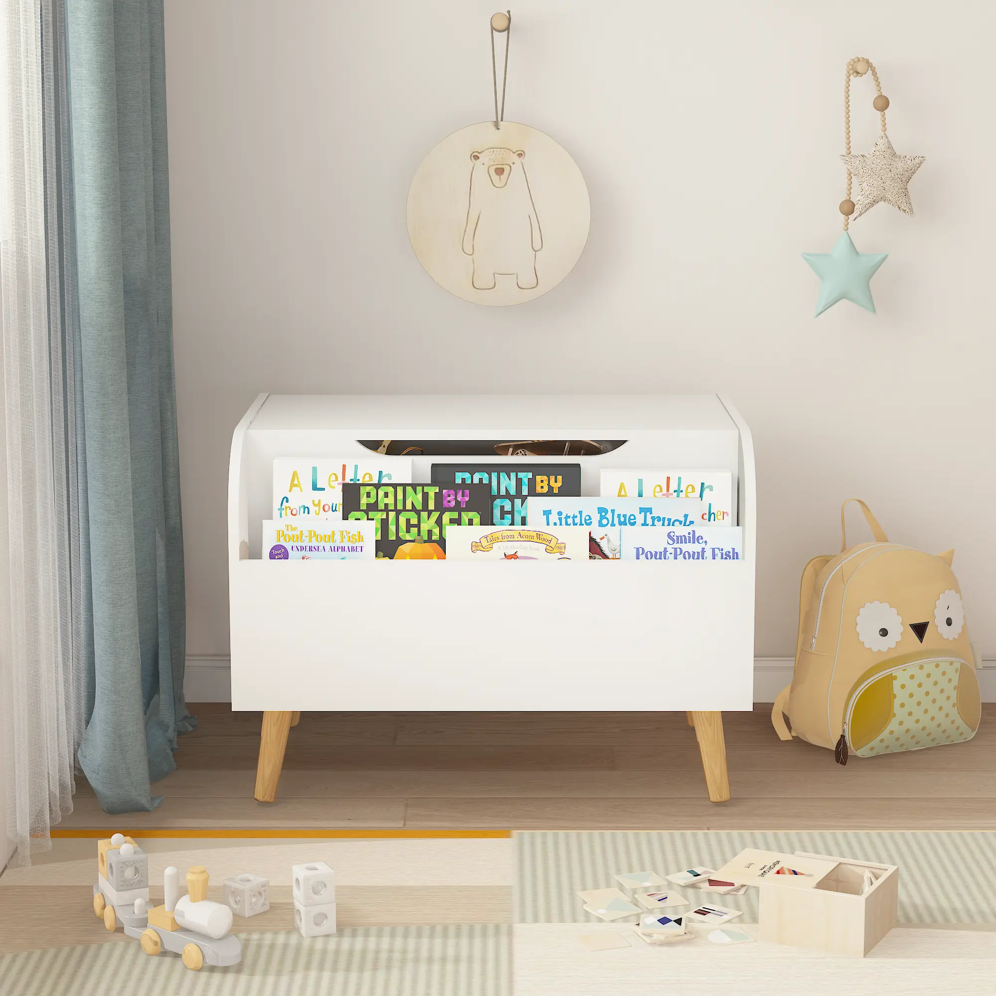 Kids Wooden Toy Chest with Safety Hinge Toy Storage Organizer with Front Bookshelf Flip-Top Lid Toy Bench for Boys Girls Playroom Nursery Kids Room Organization