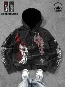 Men's Street Style Hooded Sweatshirt, Hoodie, American English Pattern Print, Washed Snowflake Design, Fall & Winter Fashion, Unisex Casual Wear, Streetwear