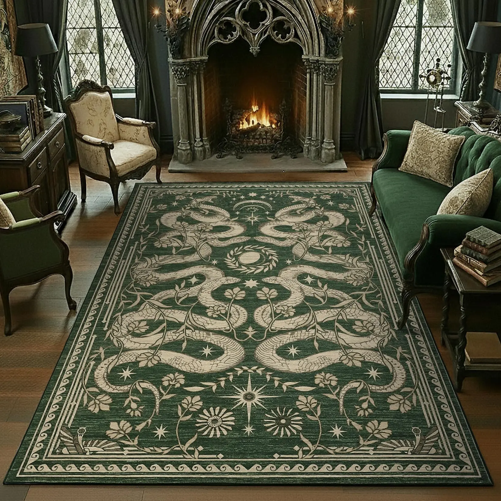 Garvee Snake 8x10 Area Rugs for Living Room Washable Non Slip Forest Soft Low-Pile Stain Resistant Thin Large Throw Carpet for Bedroom Dining Room Office Green